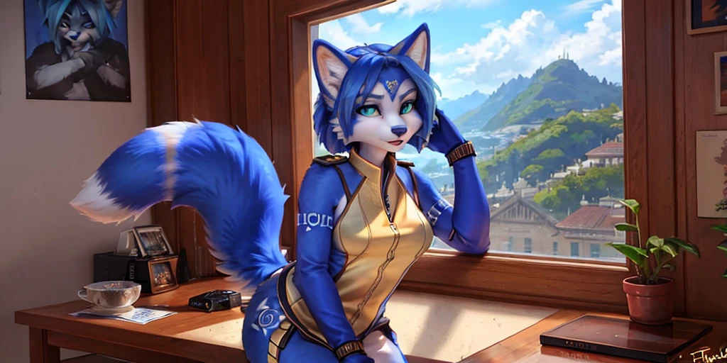 A beautiful and detailed (full body portrait) wa ((Krystal)), Star Fox Krystal, sslim, lovable, green eyes, medium breasts, (((Long blue hair 1.3))), Decollete, anthro, furry, Uploaded E621, detailed fluffy fur, (wa Fluff-Kevlar, Bayard Wu, Personalami, Pino Daeni), detailed face, (fluffy), 1 girl, alone, sweet girl, 
