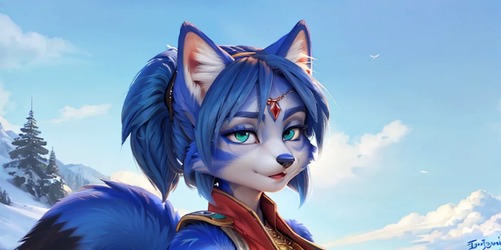 A beautiful and detailed (full body portrait) wa ((Krystal)), Star Fox Krystal, sslim, lovable, green eyes, medium breasts, (((Long blue hair 1.3))), Decollete, anthro, furry, Uploaded E621, detailed fluffy fur, (wa Fluff-Kevlar, Bayard Wu, Personalami, Pino Daeni), detailed face, (fluffy), 1 girl, alone, sweet girl, 
