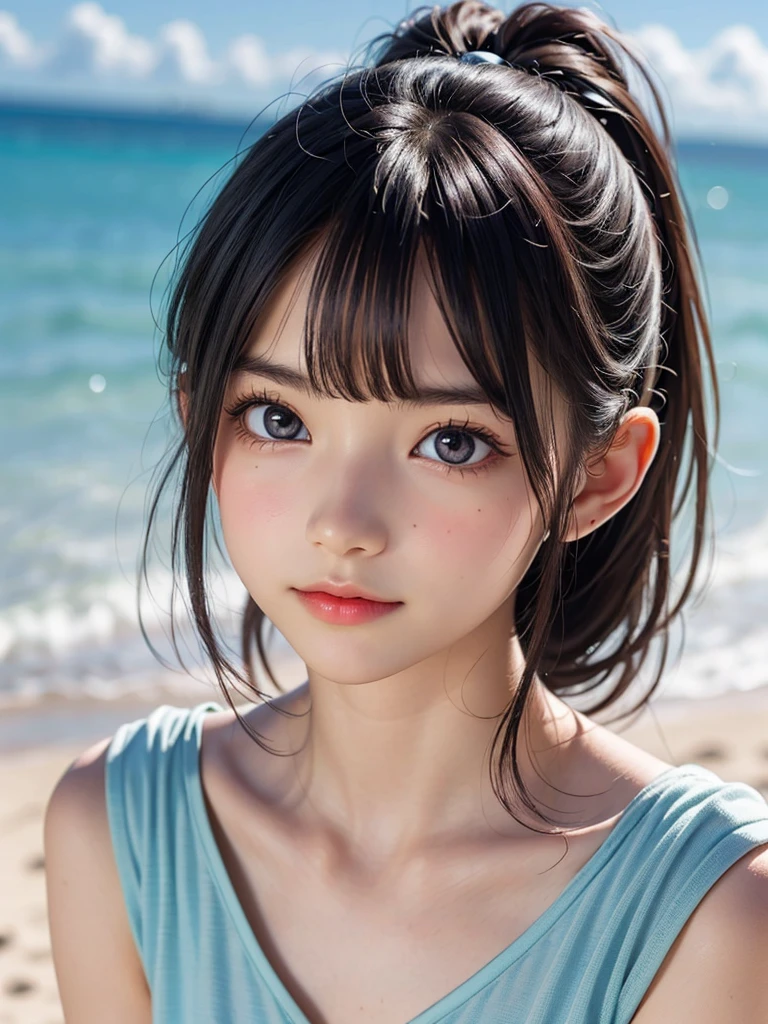 One Girl，(1人のとてもcute女の子:1.3)，masterpiece，Highest quality，High resolution，Photorealistic，RAW Photos，Ray Tracing，beautiful girl，(15 years old:1.3)，cute，Big eyes，(detailed pupils:1.2)，(The face is facing straight ahead:1.3)，Body facing forward，Beautiful nose，Fuller lips，Short black hair，ponytail，short hair，Detailed eyelashes，Thin eyebrows，Very fine grain definition，(Symmetrical eyes:1.3)，(Face close-up，Face Focus:1.0)，Small breasts，Short neck，White swimsuit，White Bikini，The background is the sea，Southern Island，Blue sky，White cloud，Portrait，View Viewer，Upper Body，Cinema Lighting，High resolution，Very detailed