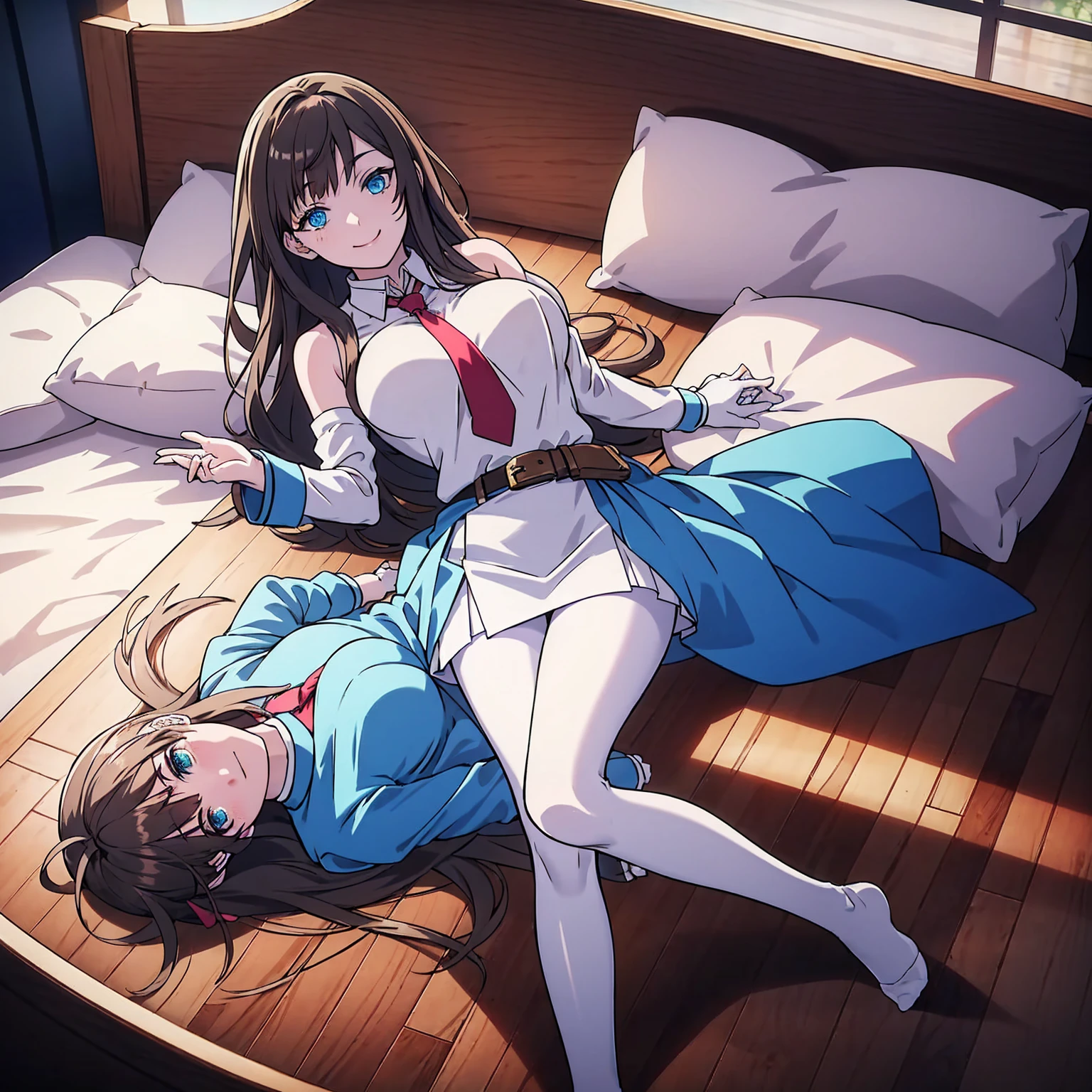 (looking at viewer:1.1),Smile,solo,slim, MARIAN,(blue eyes:1.3),brown hair,bangs,long hair,HAT,HAIR RIBBON,(large breasts:1.1), white shirt,blue necktie,black gloves,BELT,blue skirt,pouch,belt pouch,DETACHED SLEEVES,(black pantyhose:1.1),bare shoulders, (reaching towards viewer),(on back:1.2),(from above:1.1), indoor,bed,pillow,advanced,