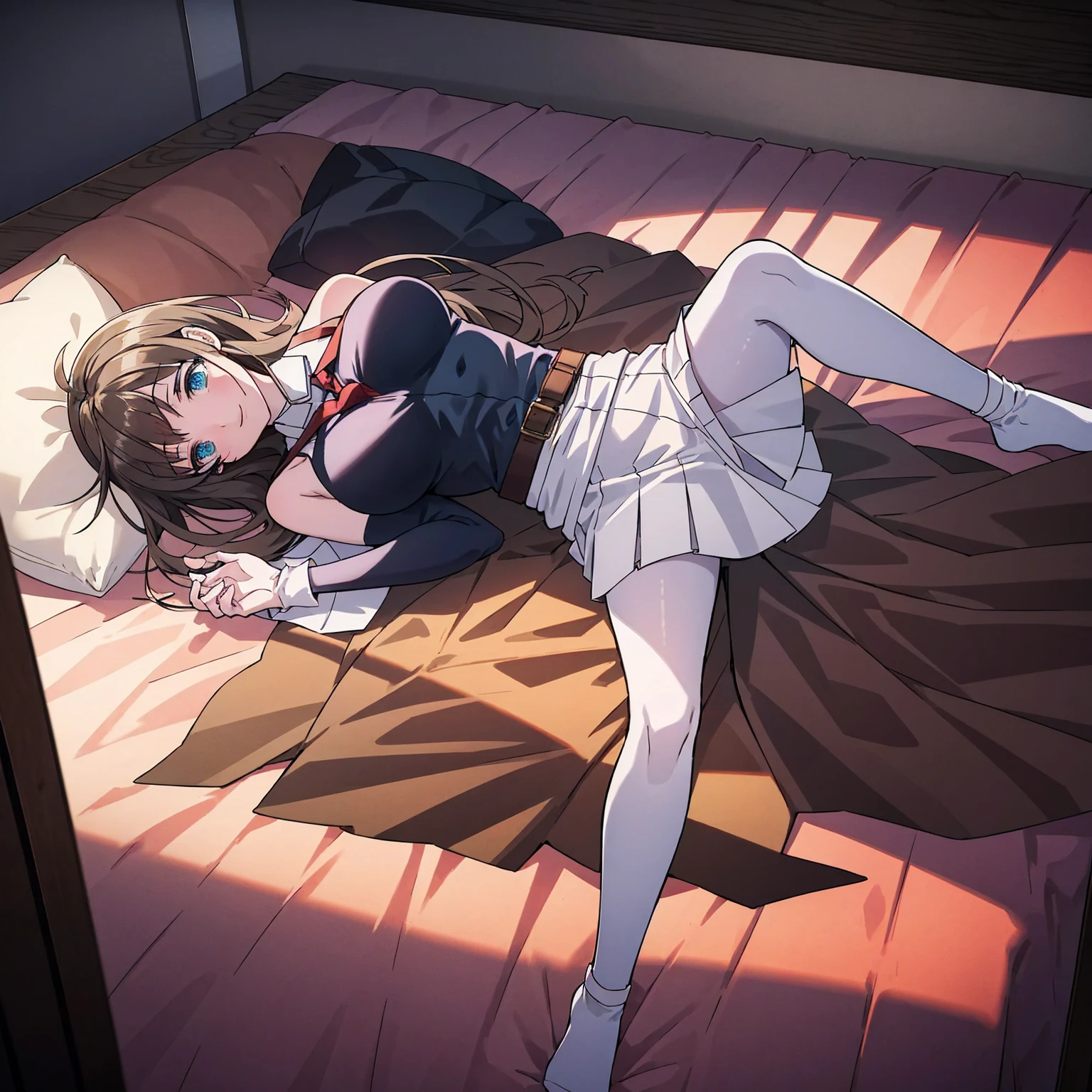 (looking at viewer:1.1),Smile,solo,slim, MARIAN,(blue eyes:1.3),brown hair,bangs,long hair,HAT,HAIR RIBBON,(large breasts:1.1), white shirt,blue necktie,black gloves,BELT,blue skirt,pouch,belt pouch,DETACHED SLEEVES,(black pantyhose:1.1),bare shoulders, (reaching towards viewer),(on back:1.2),(from above:1.1), indoor,bed,pillow,advanced,