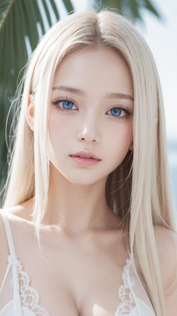 forehead、Big Breasts、Northern Europe、Russia、beautiful girl、Platinum Blonde Hair、Straight long hair、Hitting the face and front of the eyes、Big blue eyes、Sheer white and wet nightgown、Northern Europeの若者、Perfect body、White tendons、Glowing Skin、Young and beautiful skin、A perfect and beautiful little face、Bright makeup、Pale pink lips、Bright expression、16-year-old girl、Unbuttoned shirt、lipstick、Deceptive advertising、{vapor}、Viewer's vision、Golden Hour Lighting、Bokeh Atmosphere Perspective、detailed、Movie Light、複雑なdetailed、High resolution、 フェイスデザインのdetailedな特徴、Attention to detail、Clear focus、Smoothness、aesthetics、Printed、Octane、{{masterpiece}}