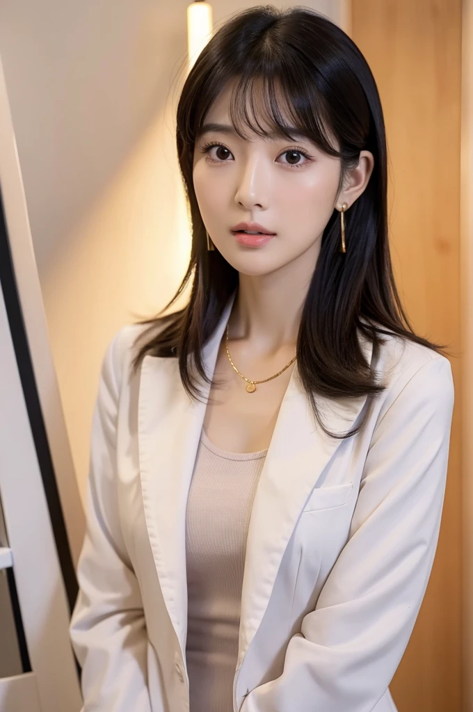 Hospital examination room, female doctor, ((full body)), ((photo)), ((best qualtiy, 8K, tmasterpiece: 1.3)), Focus: 1.2, perfect figure beautiful woman: 1.4, 1woman, cowboy shot, look at viewer, eyes facing the camera, incredibly absurd, beautiful and cute woman with a photorealistic face, showcasing top-quality craftsmanship, Japanese woman examining in a hospital examination room, 29 years old, hairstyle is a straight bob with long bangs, glossy black hair parted in the middle, thick and voluminous, elegant, fair and clear skin, large brown eyes, cool expression, long eyelashes, neat eyebrows, high nose, thin lips, natural complexion, fine skin, oval face, plump cheeks, long neck, small ears, beautiful nape, tall, slender, delicate, muscular and thin, slim frame, long and slender limbs, long fingers, large breasts of E cup, dressed as a doctor in a white coat, high heeled pumps, natural makeup, gold necklace, small earrings, watch on left arm, pretty older woman, beautiful, neat, cute voice, calm, gentle, responsible, professional, studious, kind, October
