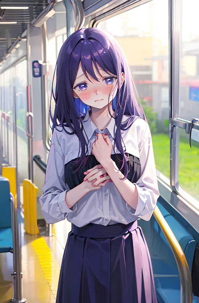 Hide your with your hands、Blushing、Embarrassed expression、、Not wearing a bra、Light purple hair、Semi-long hair、Pale purple eyes、、Blushing、lipstick、Perfect hands、Detailed hands、on the train、、hand bra