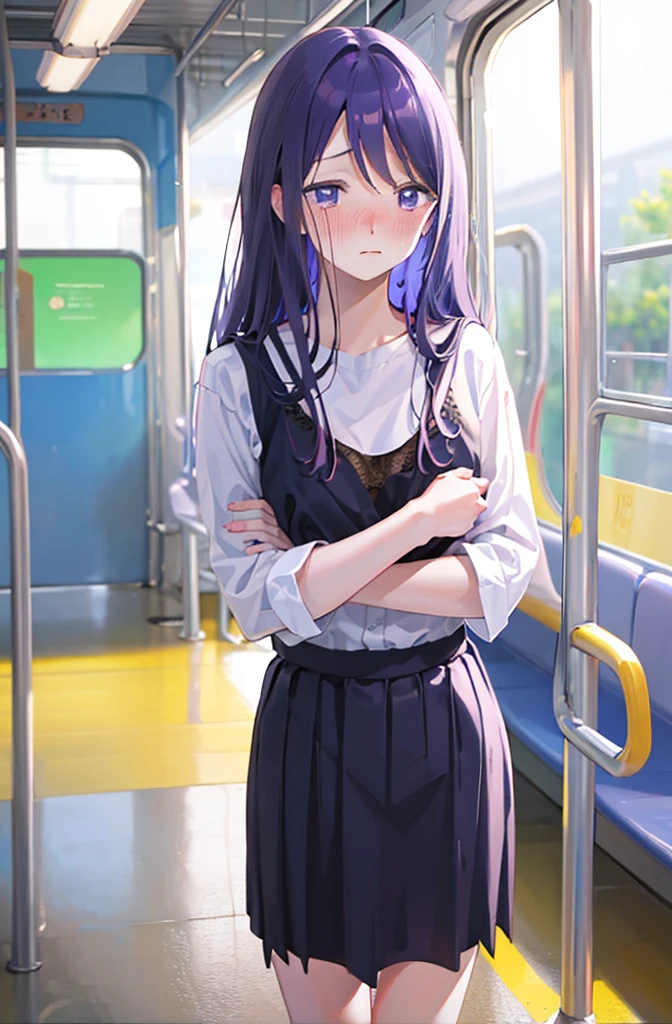 Hide your with your hands、Blushing、Embarrassed expression、、Not wearing a bra、Light purple hair、Semi-long hair、Pale purple eyes、、Blushing、lipstick、Perfect hands、Detailed hands、on the train、、hand bra