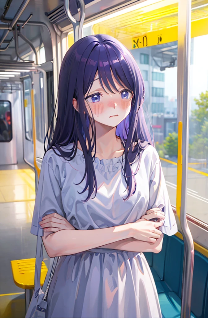 Hide your with your hands、Blushing、Embarrassed expression、、Not wearing a bra、Light purple hair、Semi-long hair、Pale purple eyes、、Blushing、lipstick、Perfect hands、Detailed hands、on the train、、hand bra