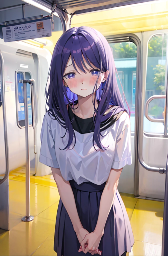 Hide your with your hands、Blushing、Embarrassed expression、、Not wearing a bra、Light purple hair、Semi-long hair、Pale purple eyes、、Blushing、lipstick、Perfect hands、Detailed hands、on the train、、hand bra