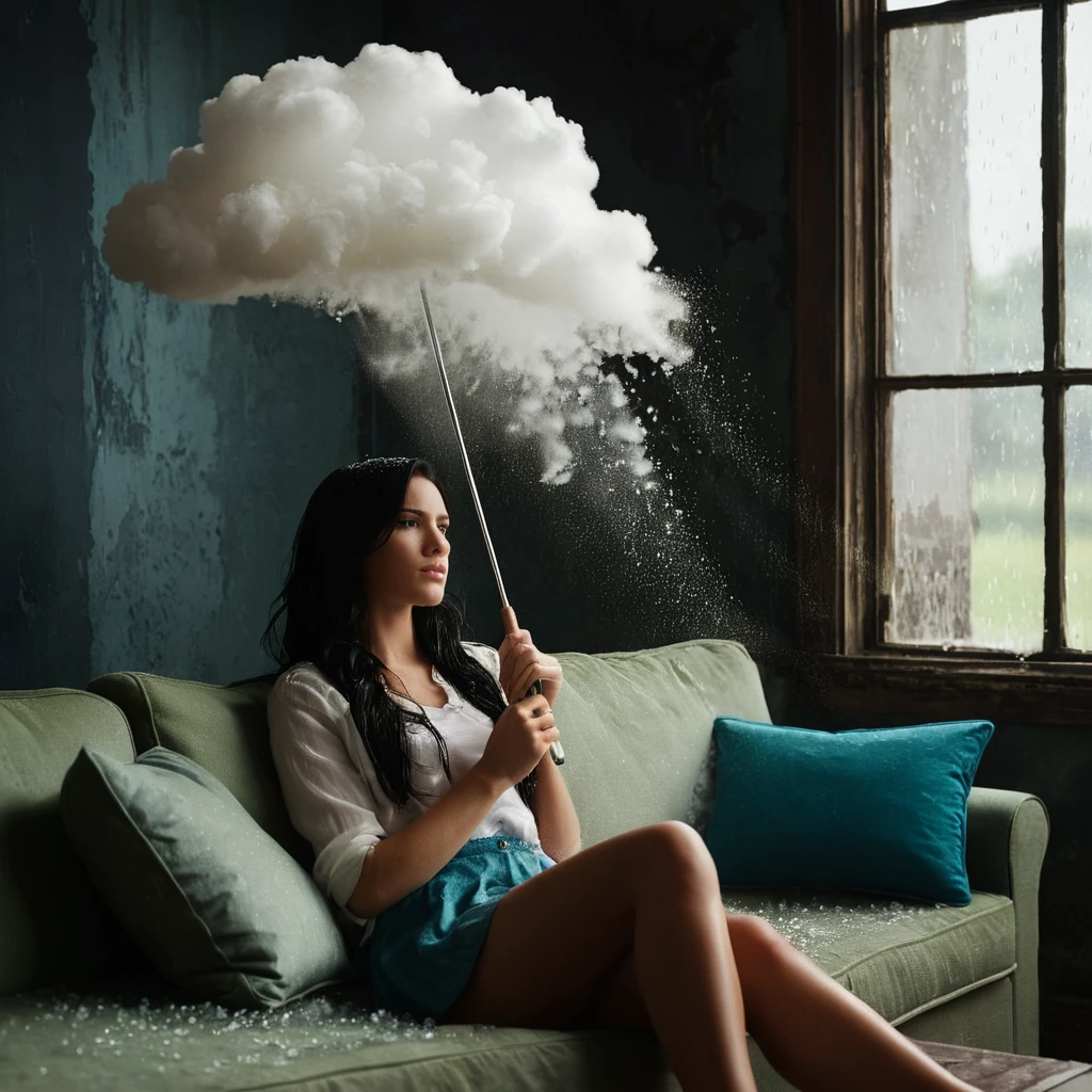 cinematic film still of Juxtaposition of a woman sitting on a couch holding an umbrella with foamy cloud rain above,1girl,solo,long hair,black hair,sitting,indoors,window,umbrella,couch,rain,realistic,ruins Juxtaposition,artistic,photography,dramatic light,dramatic shadow light,contrast,saturated color,cinematic,filmic,photographic,realistic,realism,perfection,perfect,Juxtaposed,opposite,different things,side by side,syncretism,antithesis,Juxtaposition style,ruins , creative, photorealism, hyperrealism, Fine art photography style, Fine art cinematic photography style, shallow depth of field, vignette, highly detailed, high budget, bokeh, cinemascope, moody, epic, gorgeous, film grain, grainy