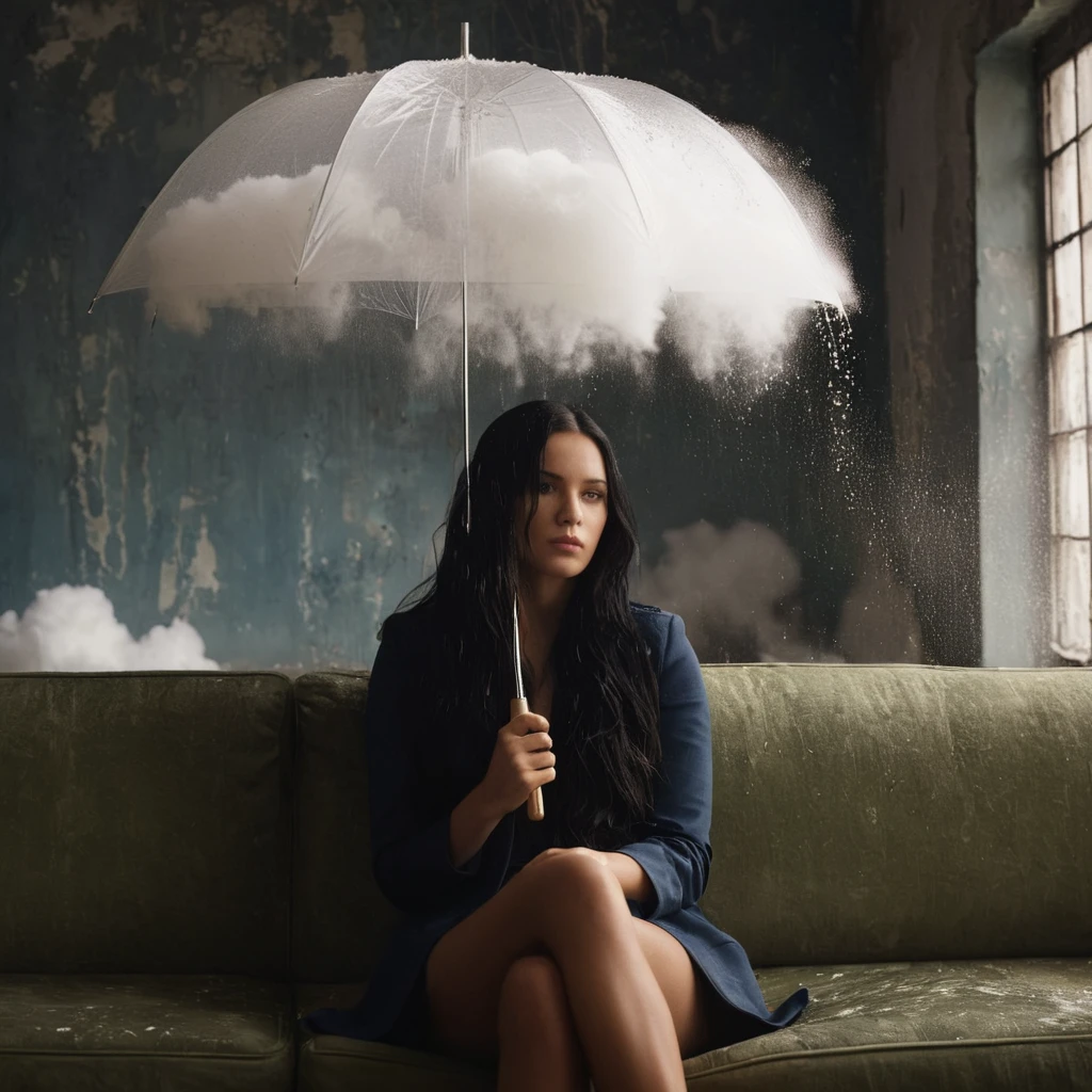 cinematic film still of  Juxtaposition of a woman sitting on a couch holding an umbrella with foamy cloud rain above,1girl,solo,long hair,black hair,sitting,indoors,window,umbrella,couch,rain,realistic,ruins Juxtaposition,artistic,photography,dramatic light,dramatic shadow light,contrast,saturated color,cinematic,filmic,photographic,realistic,realism,perfection,perfect,Juxtaposed,opposite,different things,side by side,syncretism,antithesis,Juxtaposition style,ruins , creative, photorealism, hyperrealism, Fine art photography style, Fine art cinematic photography style, shallow depth of field, vignette, highly detailed, high budget, bokeh, cinemascope, moody, epic, gorgeous, film grain, grainy