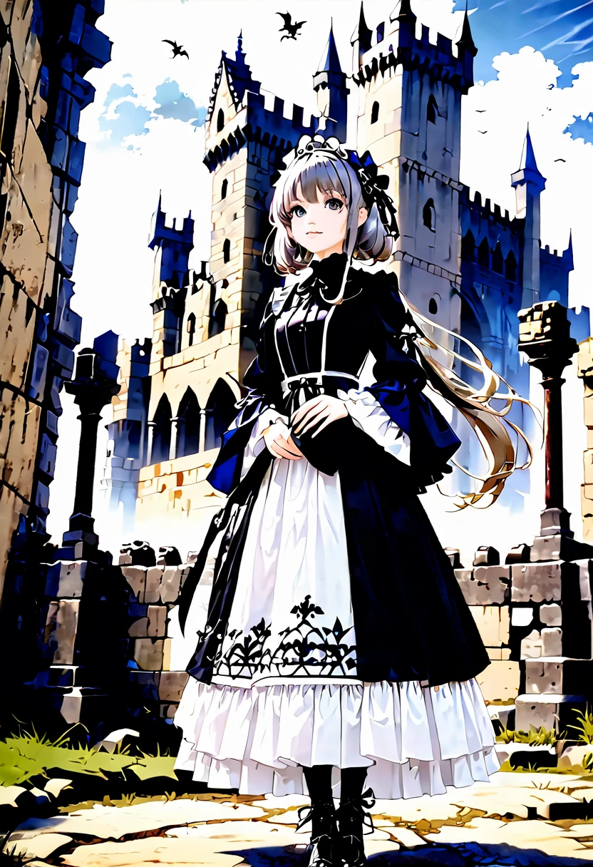 It's like a photo、Full body gothic ta fashion、Tsundere Chara、Dark Elf、Hair is silver、skin color is wheat-colored。In the background is the ruins of a medieval castle.