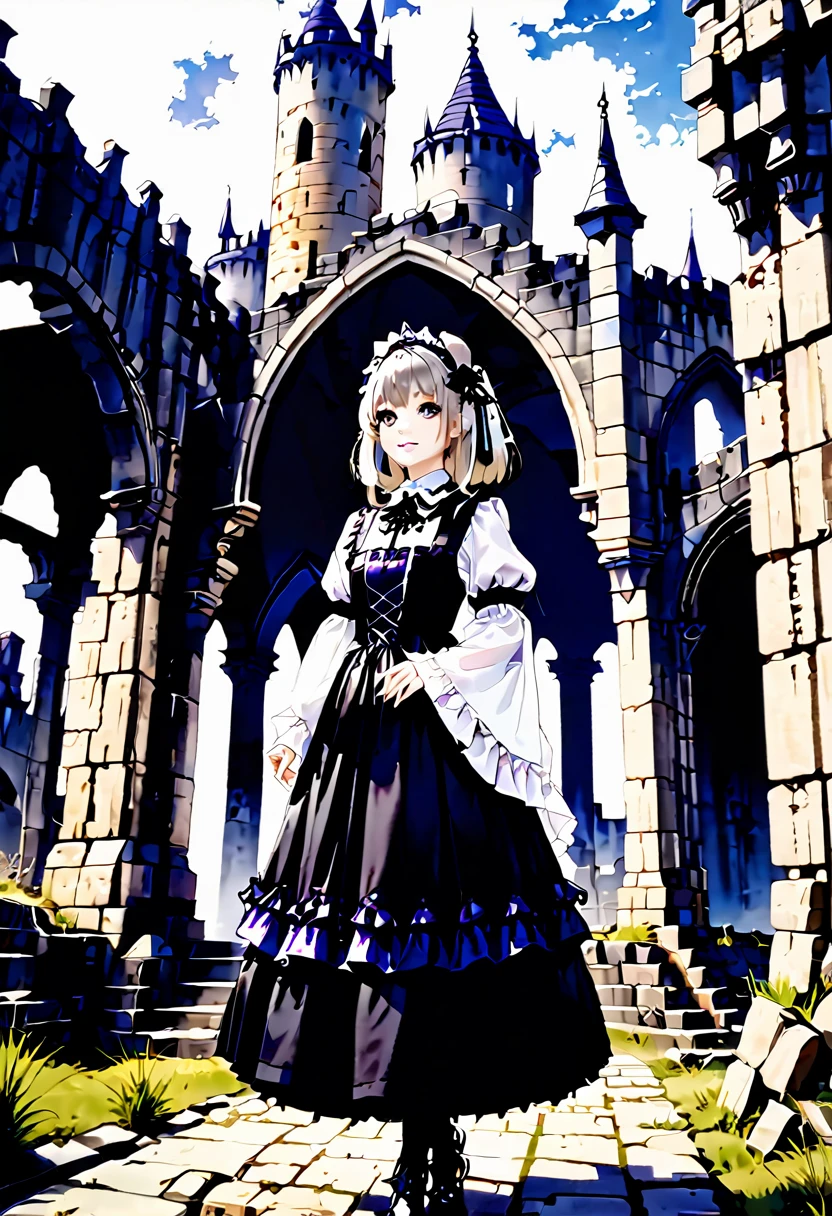 It's like a photo、Full body gothic lolita fashion、Tsundere Chara、Dark Elf、Hair is silver、skin color is wheat-colored。In the background is the ruins of a medieval castle.