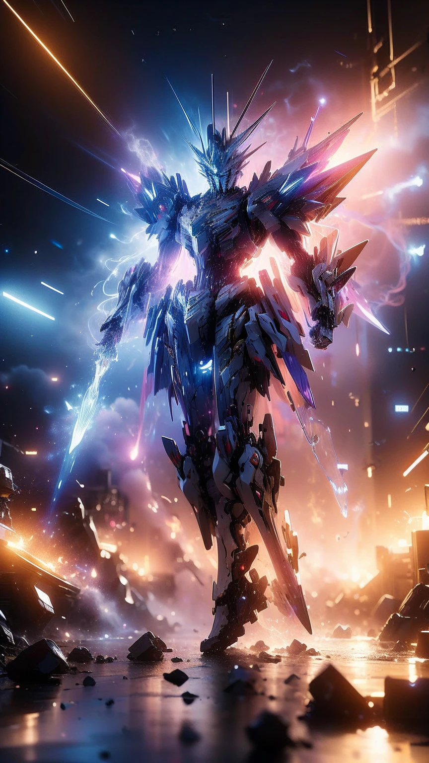 Real、high resolution、8K、The Strike Freedom Gundam stands in space emitting pink light particles.、Particles of light surround the aircraft、Facing the camera、（Light effect background）、