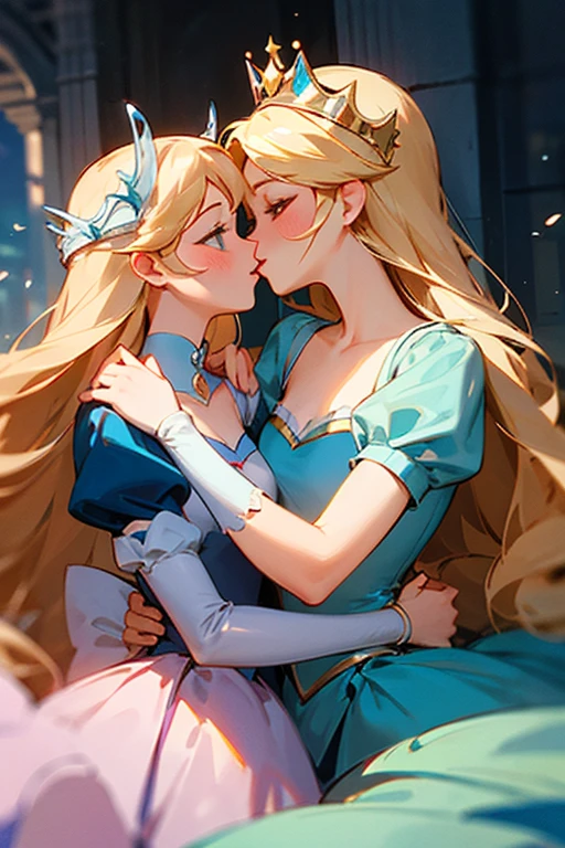 Princess Cinderella and Princess Aurora kissing with each other