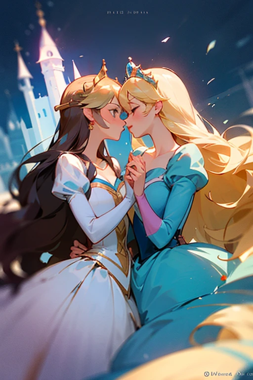 Princess Cinderella and Princess Aurora kissing with each other