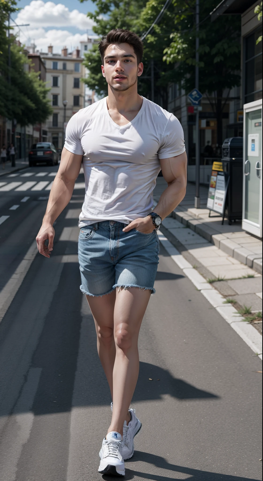 high resolution image of a man alone, very muscly, white-skinned, showing full body, flat hair, muscular arms, wearing a black V-neck t-shirt untucked from the shorts, wearing knee-length blue denim shorts, in muscular body, wearing white sneakers without socks, wearing silver Rolex watch, walking down a blurred street in the background, With Sun, looking at camera, perfect italian style face, fine nose, squared chin, with beard, pink mouth lips, cloused mouth, well-defined eyes with blue iris, showing muscular legs, 8K ultra resolution.
