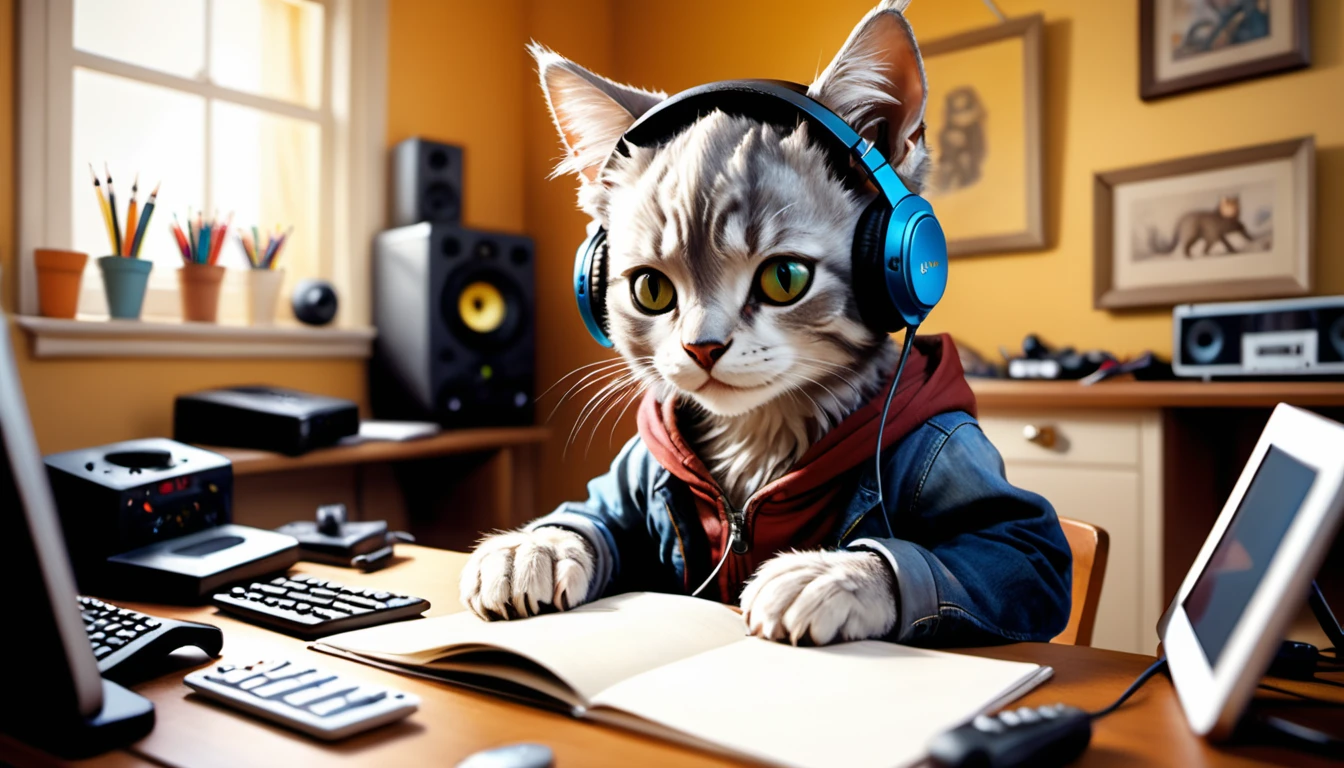 (photography film style), anthropomorphic, cute kitten, , studying in his room, listening to music on headphones, 2D, colorful, warm atmosphere, shiny, Jean-Baptiste Monge style, Alan Lee style