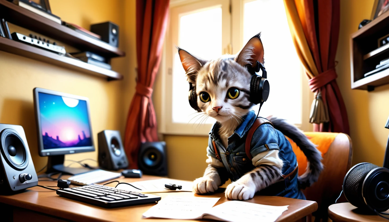 (photography film style), anthropomorphic, cute kitten, , studying in his room, listening to music on headphones, 2D, colorful, warm atmosphere, shiny, Jean-Baptiste Monge style, Alan Lee style