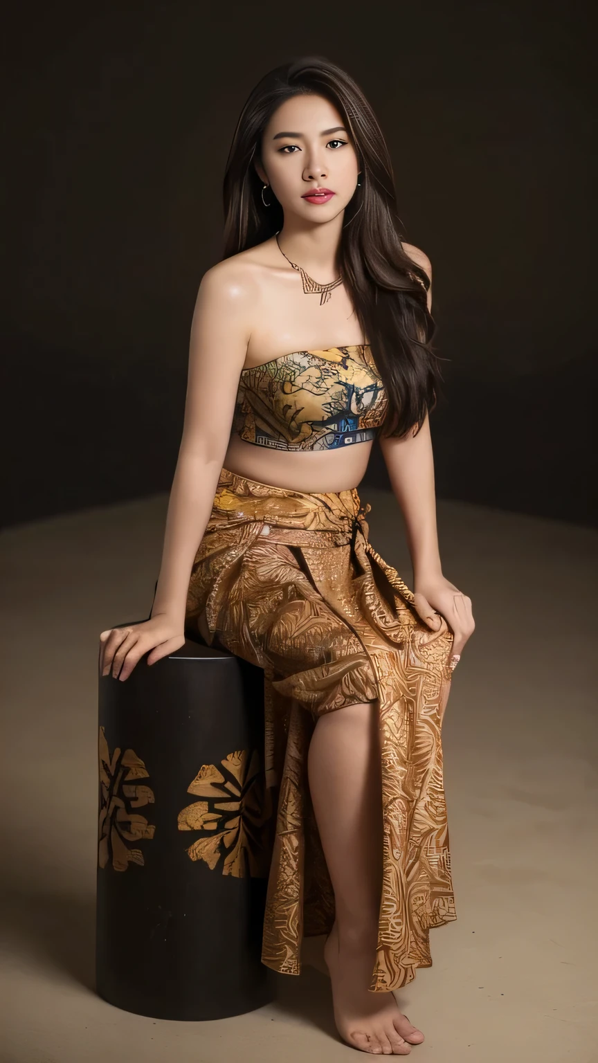 ((Best quality, 8k, Masterpiece :1.3)),   beauty.  Hidden face.  ((Indonesian artist)).  Perfect body sexy,  ((Long brown hair. Necklace)).    _make-up face.  lipstick 

((Batik sarong skirt)).    ((Strapless tube top)),    long legs_full body.    Erotic pose.    Sit down.    Under the  floor.    ((Dark background))