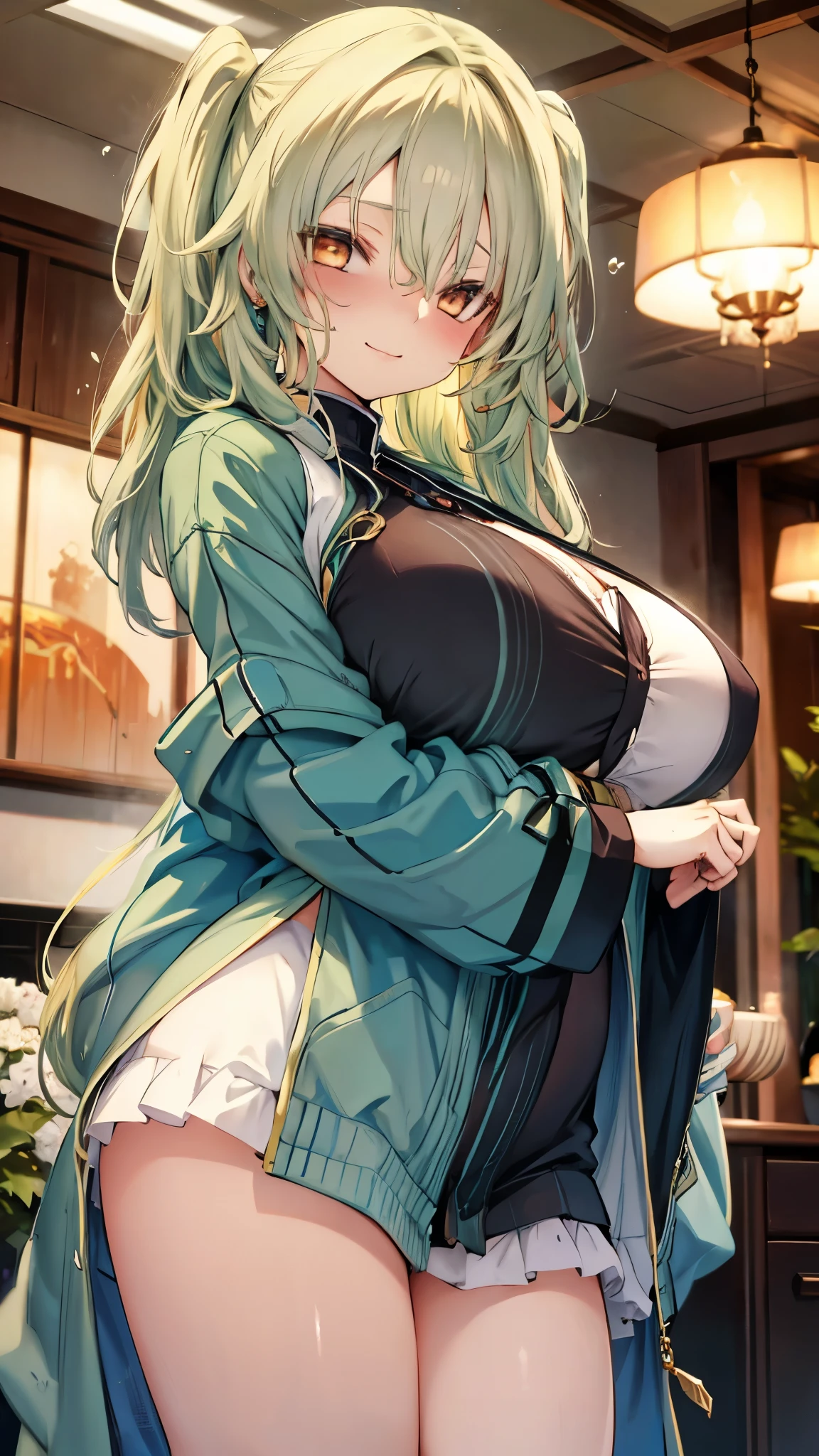 1girl, solo, , masterpiece, disproportionate breasts,chubby body ,gigantic breasts, sagging breasts, oppai, 13years, twintail hair, green hair, slanted eyes, orange eyes, gentle smile,