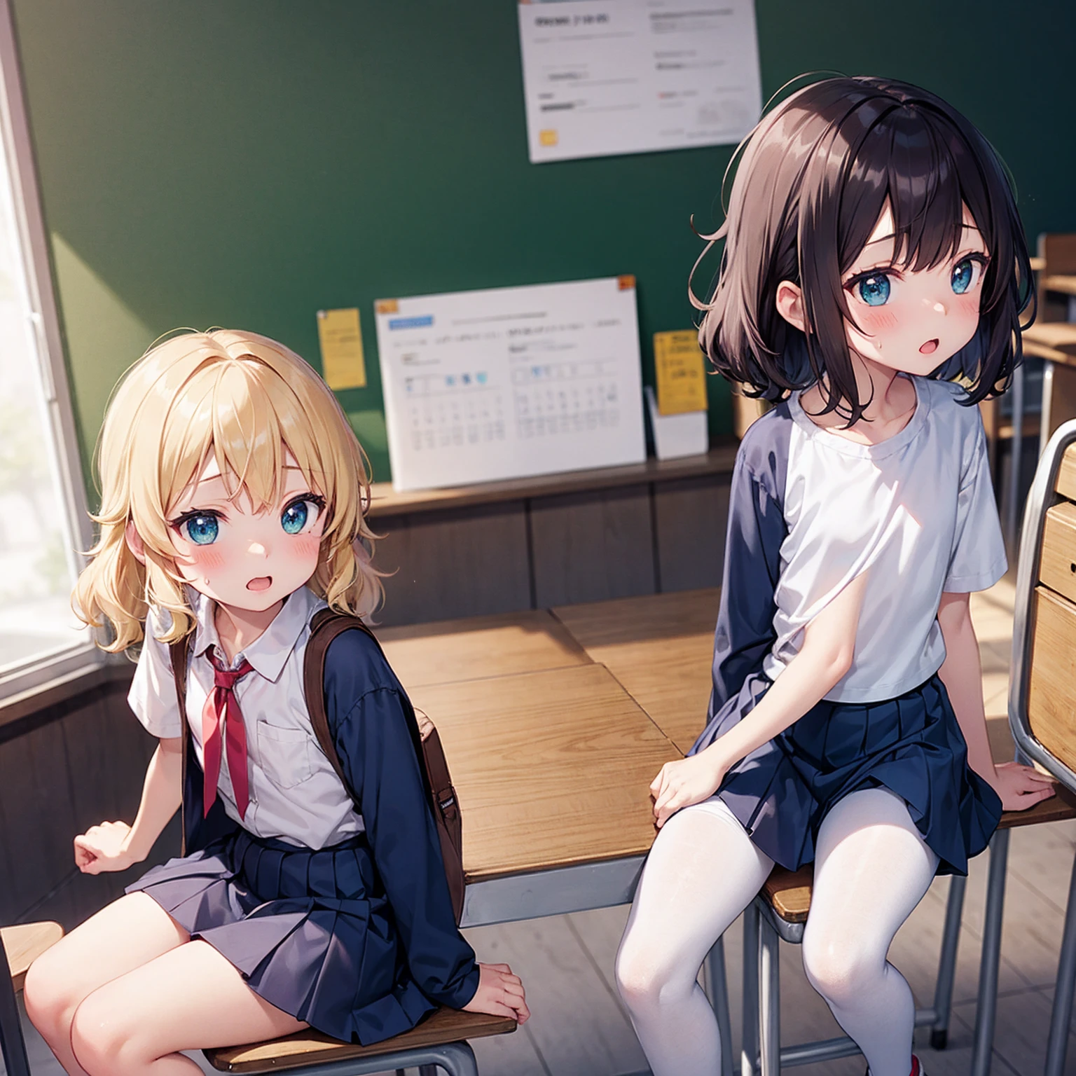 Highest quality,Highest quality,One Girl,One boy,((((10 years old)))),Flat Chest,orgasm,blush, Sweat, Sakurai Momoka,blonde,White Sarah Outfit,Navy Blue Skirt, It is not a pleated skirt,whole body,classroom, White Pantyhose、Navy Blue Skirtをめくる、Spread your legs