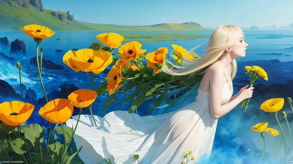32k, Masterpiece, Highest quality, One girl, Detailed eyes, flower,Iceland Poppy, Blue and yellow style,A dreamy, romantic piece,Pale yellow, Mysterious Leaves,A playful arrangement,Fantasy,High Contrast,Ink strokes,explosion,Exposure, Impression of blue and yellow tones,Abstract,((Watercolours by John Berkey and Jeremy Mann )) Brush strokes,Negative Space, Tyndall effect,