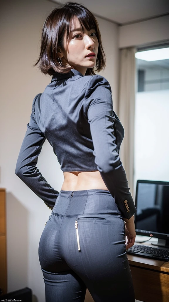 (Highest quality, 8K, 32k, masterpiece, Ultra-high resolution:1.2), One girl, Beautiful Japanese Women, Tight waist, grey suit, Open jacket, office lady, suit, pants, From behind, Office Room, machine,  (Stick your butt out:1.2), Detailed face, short hair,（（Bite of pants））、Panties are visible