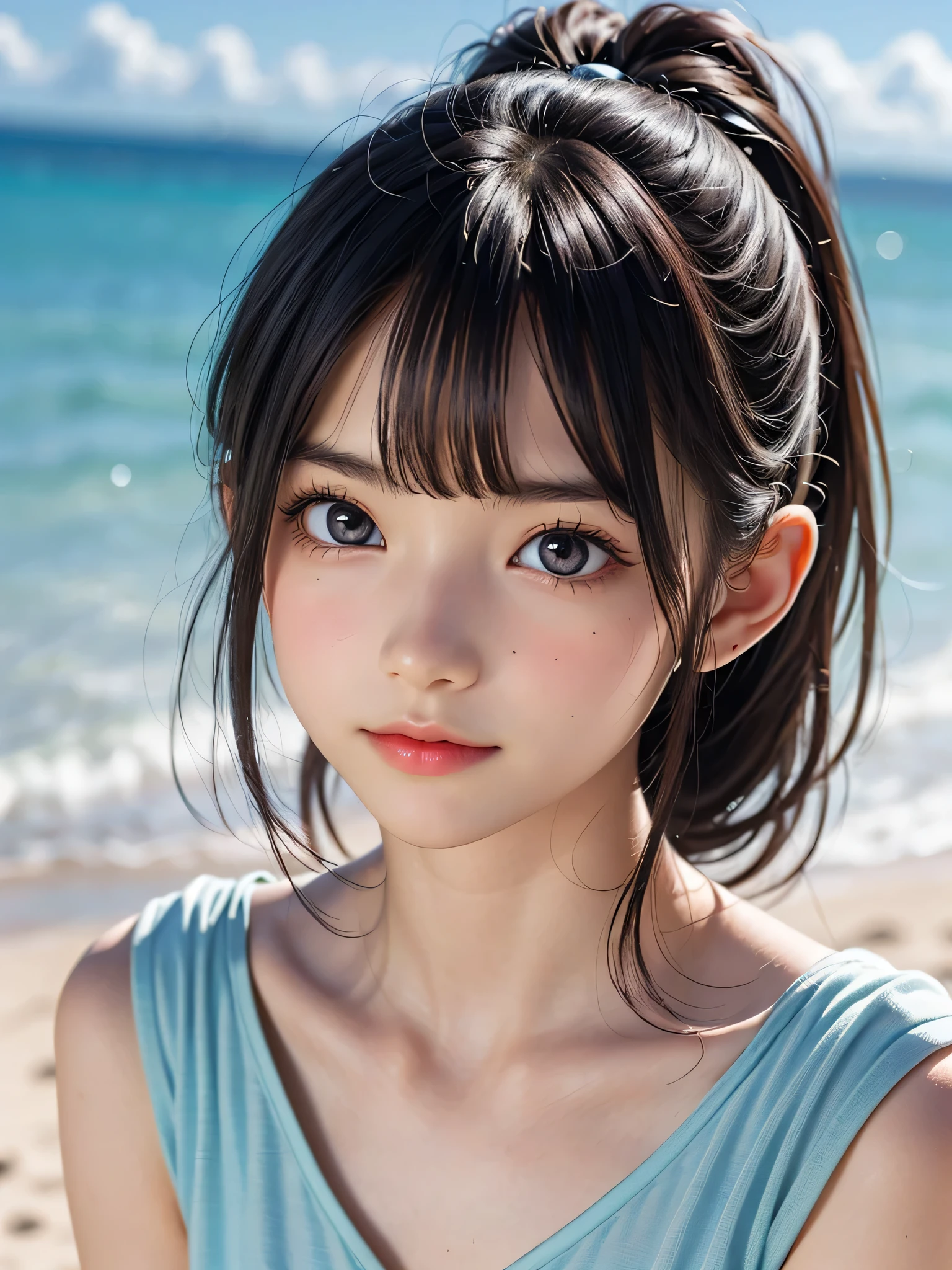 One Girl,(1人のとてもcute女の子:1.3),masterpiece,Highest quality,High resolution,Photorealistic,RAW Photos,Ray Tracing,beautiful girl,(15 years old:1.3),cute,Big eyes,(detailed pupils:1.2),(The face is facing straight ahead:1.3),Body facing forward,Beautiful nose,Fuller lips,Short black hair,ponytail,short hair,Detailed eyelashes,Thin eyebrows,Very fine grain definition,(Symmetrical eyes:1.3),(Face close-up,Face Focus:1.0),Small breasts,Short neck,White swimsuit,White Bikini,The background is the sea,Southern Island,Blue sky,White cloud,Portrait,View Viewer,Upper Body,Cinema Lighting,High resolution,Very detailed