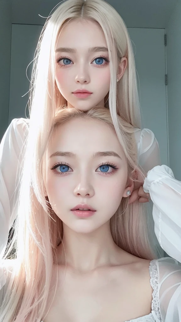 forehead、Big Breasts、Northern Europe、Russia、beautiful girl、Platinum Blonde Hair、Straight long hair、Hitting the face and front of the eyes、Big blue eyes、Sheer white and wet nightgown、Northern Europeの若者、Perfect body、White tendons、Glowing Skin、Young and beautiful skin、A perfect and beautiful little face、Bright makeup、Pale pink lips、Bright expression、16-year-old girl、Unbuttoned shirt、lipstick、Deceptive advertising、{vapor}、Viewer&#39;s vision、Golden Hour Lighting、Bokeh Atmosphere Perspective、detailed、Movie Light、複雑なdetailed、High resolution、 フェイスデザインのdetailedな特徴、Attention to detail、Clear focus、Smoothness、aesthetics、Printed、Octane、{{masterpiece}}