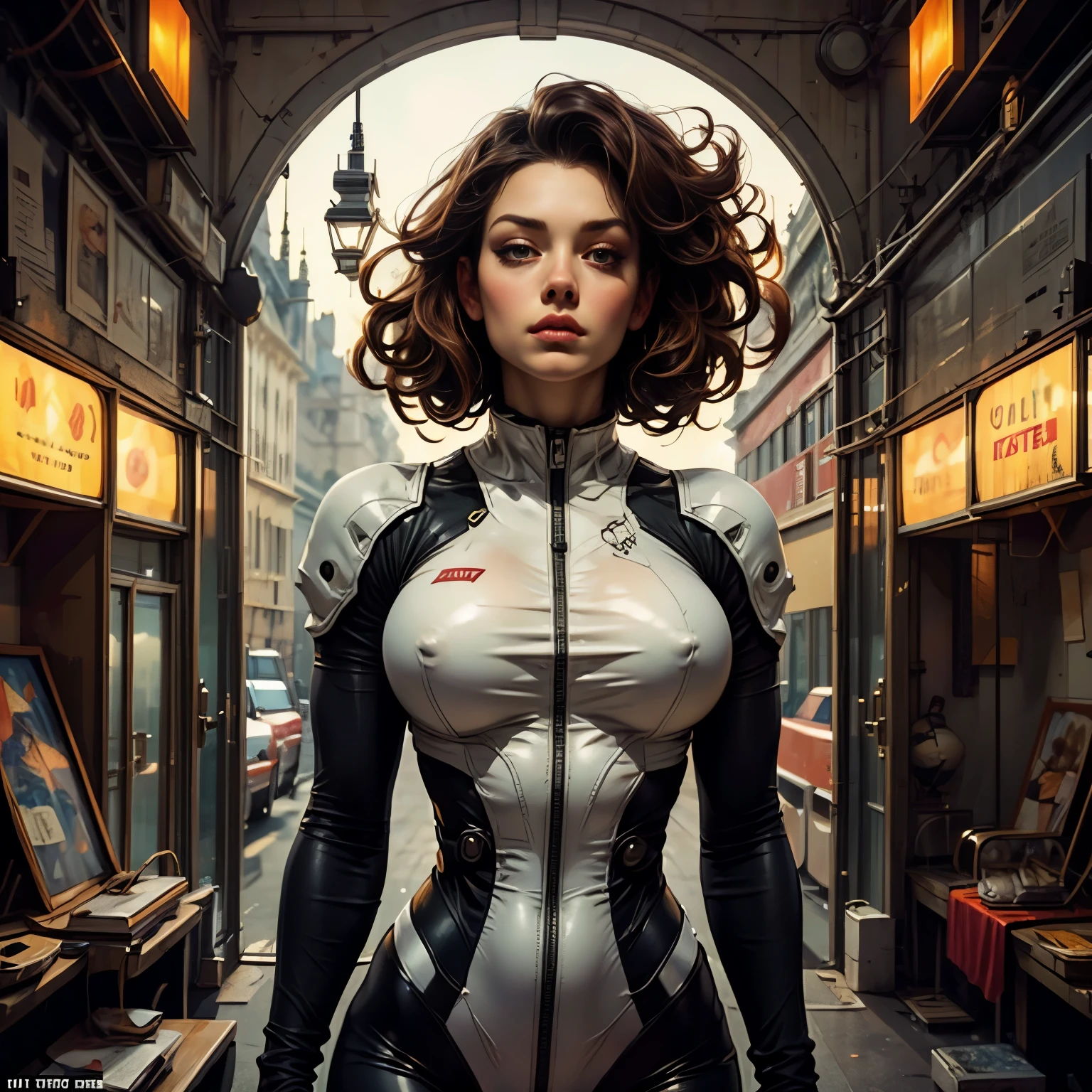 Beautiful and sophisticated woman in tight clothing, An erotic, form-fitting, semi-transparent pilot suit、巨大Mechaのパイロット、背景はMechaの工場、Very sophisticated、Realistic、8K、Cinema Lighting、Intricate details、Dramatic composition、Dynamic pose、Vibrant colors、sf、Mecha、Concept Art