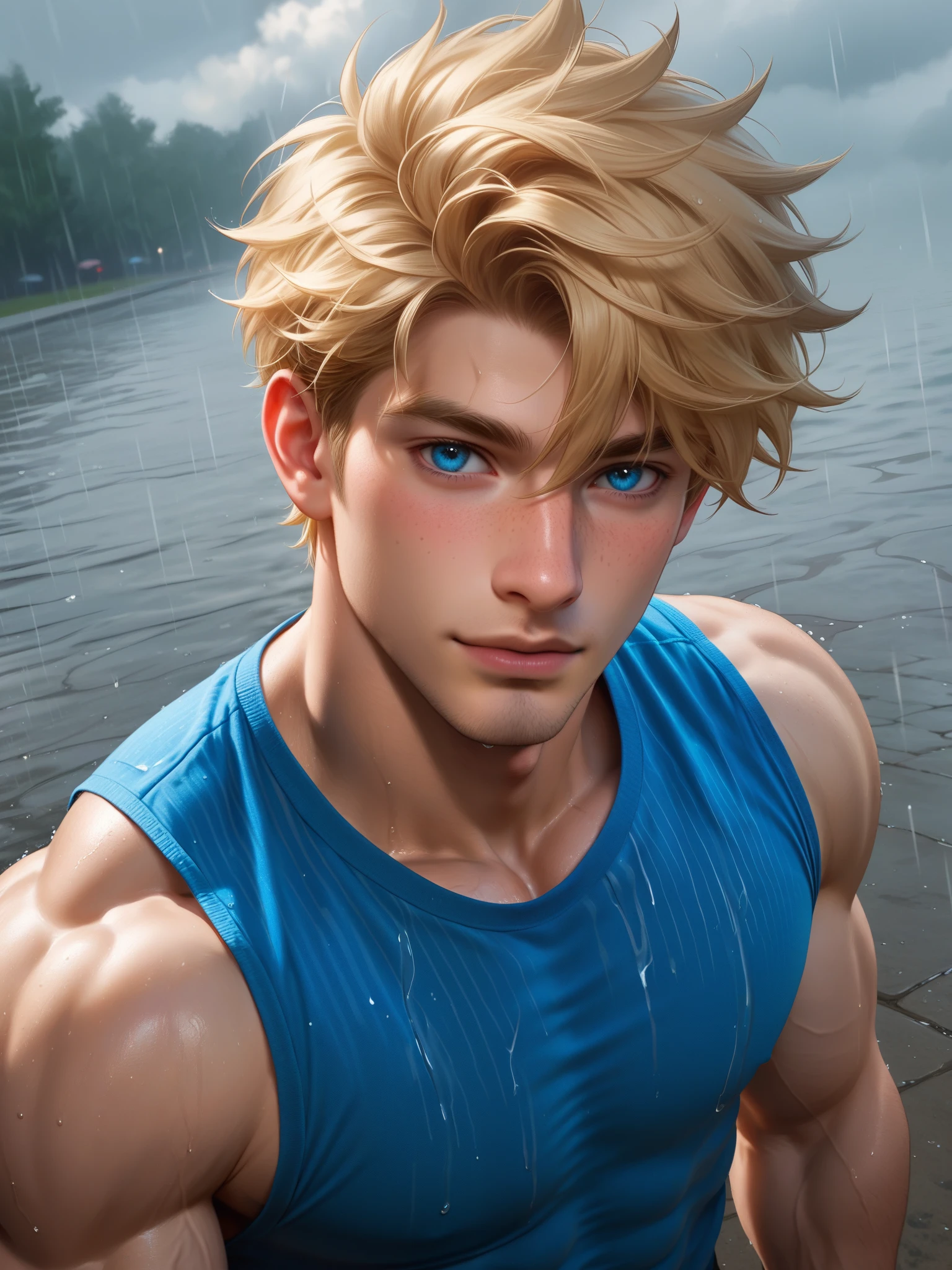 8k,score_9,score_8_up,score_7_up, yaoi, 1boys,gay, detailed, very short hair, blonde hair, freckles, blue eyes, freckles, freckles on body, muscle wide shoulders, muscle pecs, abs, vascular biceps and triceps,flanel shirt, cute, blondlust, boyish face, cute face,above perspective, looking at viewer, rain, cloudy sky, rain street
