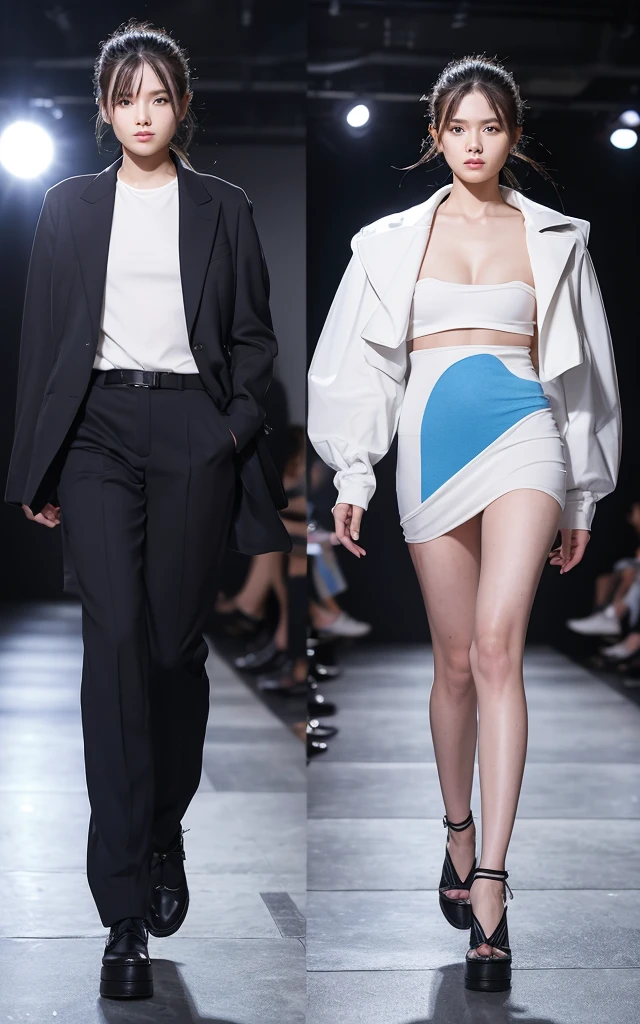 Adaptive Fashion: Clothes that change according to the environment。Fabric that changes its material in response to temperature and humidity。Design with color-changing and shape-memory functions。The background is the gorgeous runway of Paris Fashion Week。