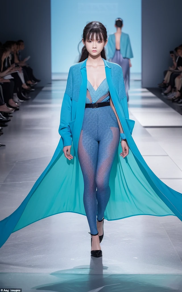 Adaptive Fashion: Clothes that change according to the environment。Fabric that changes its material in response to temperature and humidity。Design with color-changing and shape-memory functions。The background is the gorgeous runway of Paris Fashion Week。 

