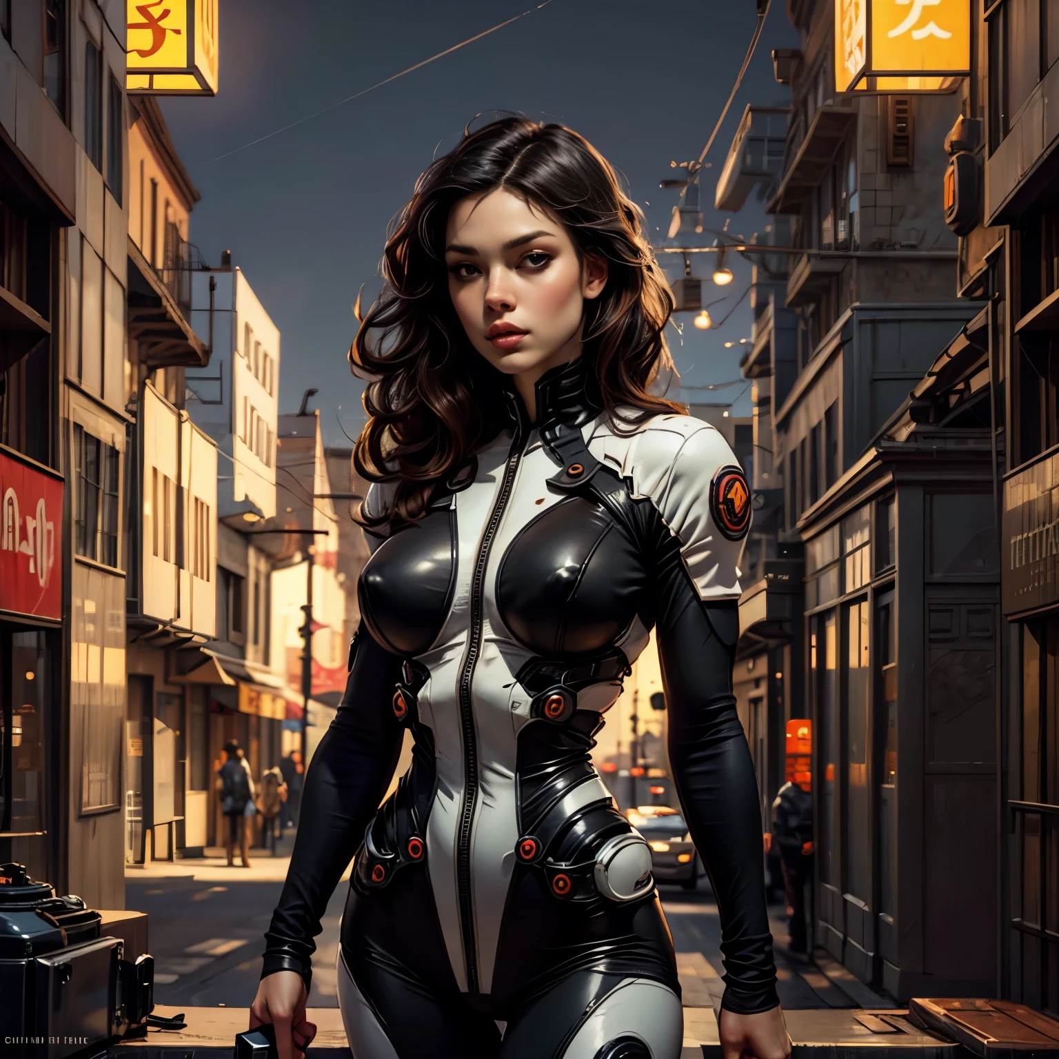 Beautiful and sophisticated woman in tight clothing, An erotic, form-fitting, semi-transparent pilot suit、巨大Mechaのパイロット、背景はMechaの工場、Very sophisticated、Realistic、8K、Cinema Lighting、Intricate details、Dramatic composition、Dynamic pose、Vibrant colors、sf、Mecha、Concept Art