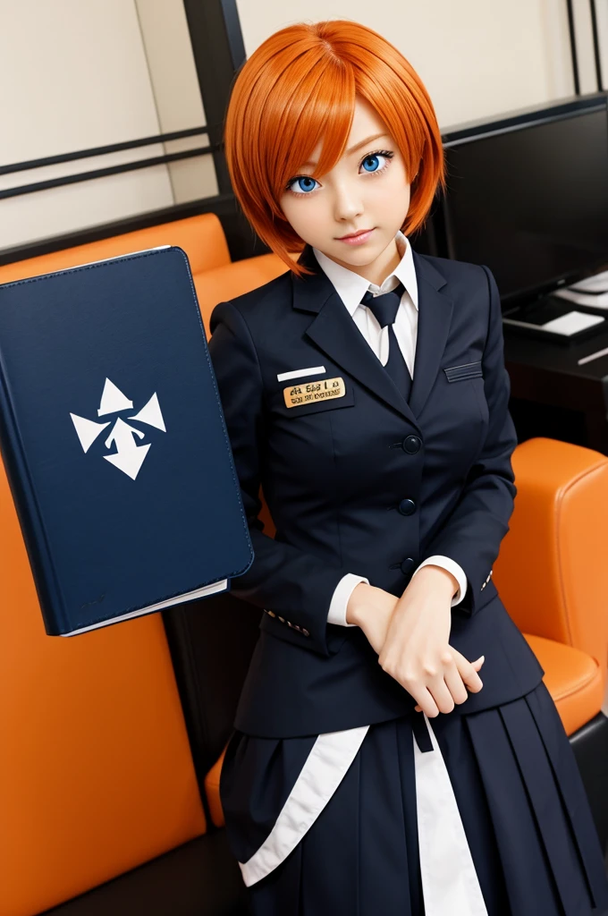 Short orange hair anime girl, with blue eyes holding a black book in an anime uniform