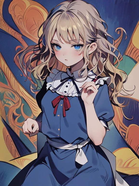 masterpiece, Highest quality, Very detailed, 16K, Ultra-high resolution, Cowboy Shot, Alice in Wonderland, (fauvism:1.4), -yeld gi Detailed face, blue eyes, blonde, Long Hair, (wavy hair:1.5), Ribbon on head, Blue clothes, Plain white apron, 大きなclockのある部屋で, clock, 壁clock, Music Box