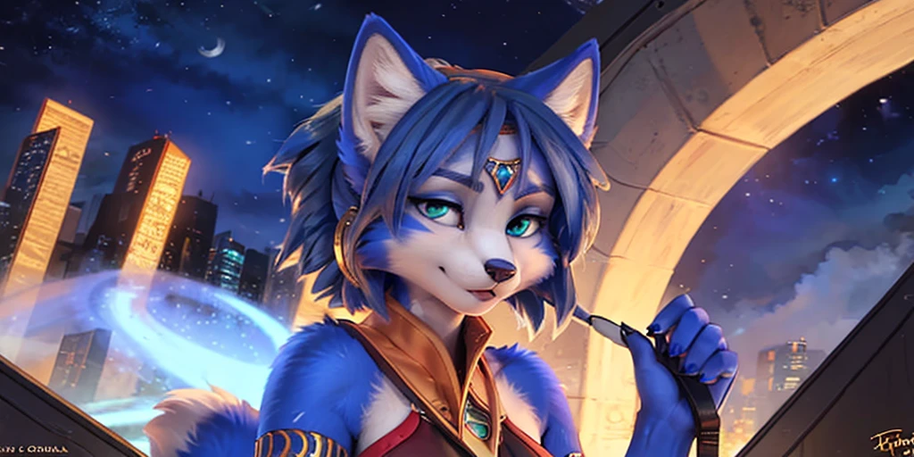 A beautiful and detailed (full body portrait) wa ((Krystal)), Star Fox Krystal, sslim, lovable, green eyes, medium breasts, (((Long blue hair 1.3))), Decollete, anthro, furry, Uploaded E621, detailed fluffy fur, (wa Fluff-Kevlar, Bayard Wu, Personalami, Pino Daeni), detailed face, (fluffy), 1 girl, alone, sweet girl,