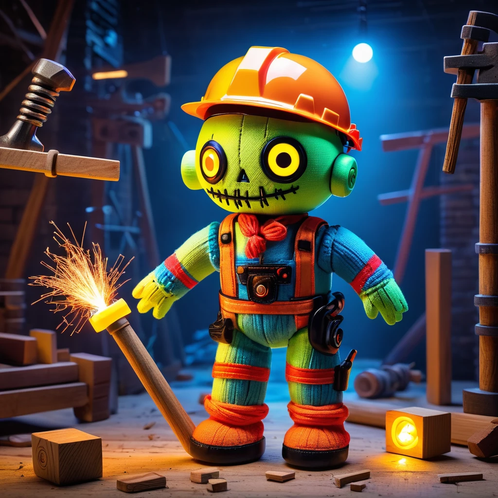(knitted toy voodoo doll:1.7), (Voodoo Construction Worker:1.3), (Clothing: construction outfit with glowing tool patterns:1.0), (Accessories: enchanted hammer emitting sparks of construction magic, levitating bricks:1.1), (background: mystical construction site with floating beams, glowing cranes, and spectral builders:1.2), best quality, masterpiece, detailed soft oil painting, detailed background, dramatic cinematic lighting, soft edge lighting, professional, dramatic lighting, hard edge lighting, ultra quality, 4k, masterpiece, best quality, 8k, ultra high definition, high resolution, extremely detailed