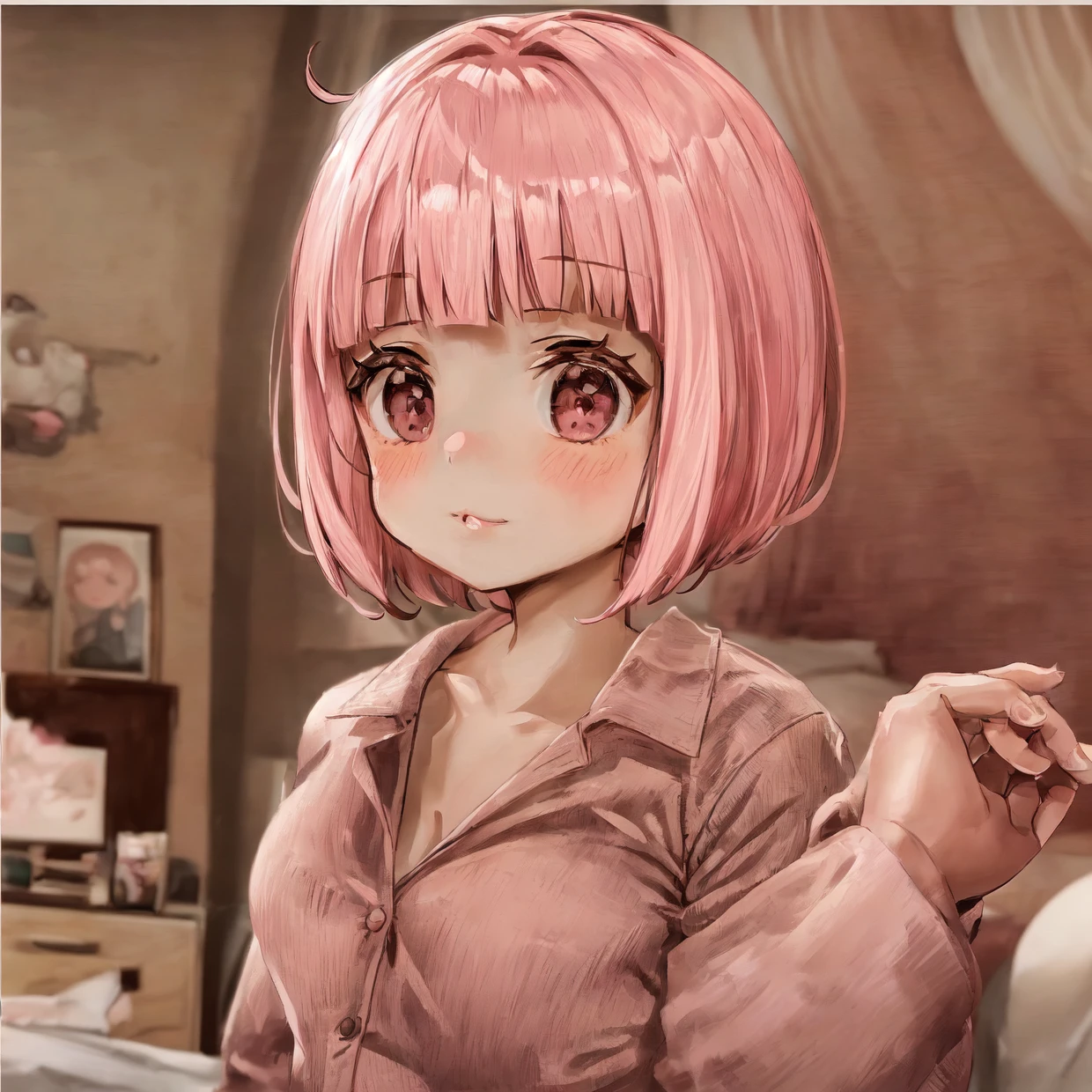 An 8-year-old girl is sitting in her room. She has blunt bangs and a bob haircut, with pale pink hair. She is wearing light blush on her cheeks and has a cute, youthful face. She is dressed in casual indoor clothes, looking relaxed. The background shows part of her room, creating a warm and cozy atmosphere.