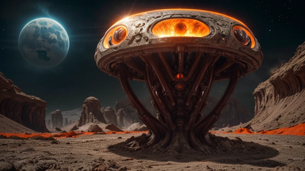 (((LKMMGH)), (FORCED PESPECTIVE OF DISGUSTING Alien Biology Biomechanical ALIEN Creatures) biomechanical alien, unknown, extraterrestrial biology on unknown planet, HEAVY atmosphere with dust particles suspended in the air red - orange WITH SULFUR