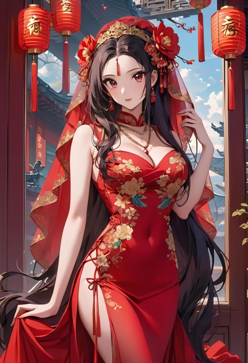 Very long hair,（（（Eyes are very delicate）））（（（hair accessory）））（（（Veil）））,necklace,Misako is wearing a sexy, sheer red silk dress., ((Skin glows))The room is filled with Chinese New Year decorations（（（masterpiece）））, （（Highest quality））, （（Intricate details））, （（Surreal））（8K）, change