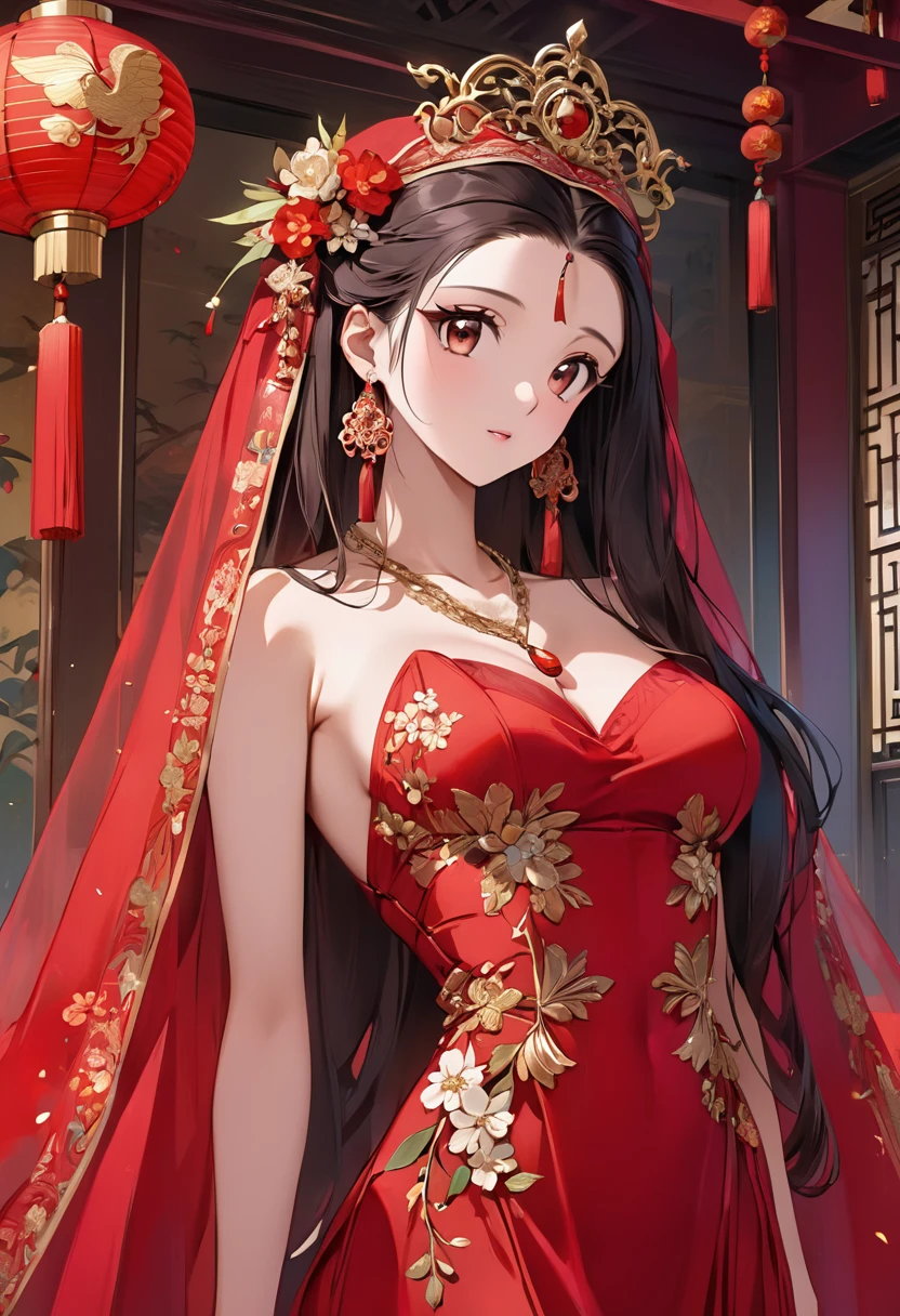 Very long hair,(((Eyes are very delicate)))(((hair accessory)))(((Veil))),necklace,Misako is wearing a y, sheer red silk dress., ((Skin glows))The room is filled with Chinese New Year decorations(((masterpiece))), ((Highest quality)), ((Intricate details)), ((Surreal))(8K), change