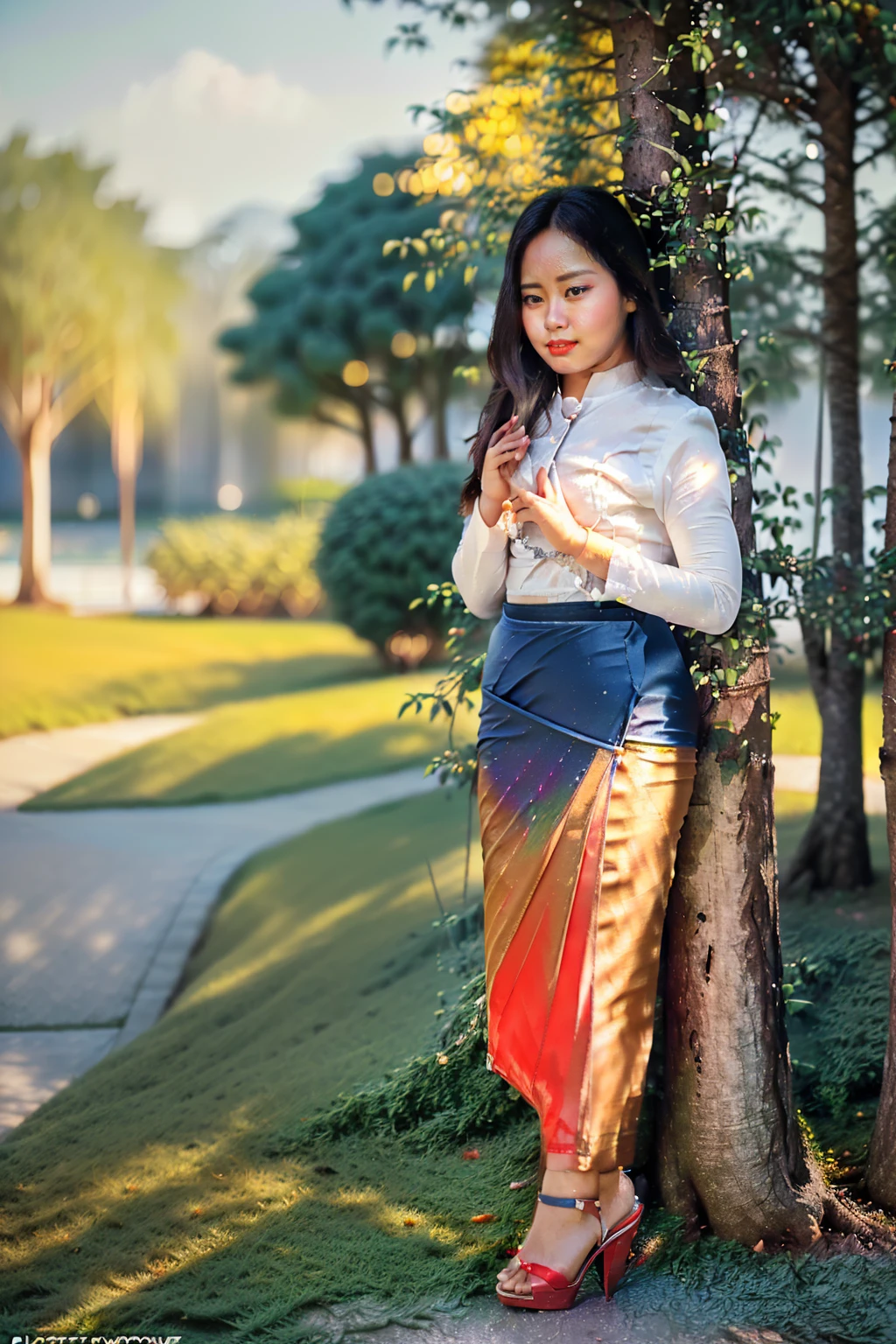 arafed asian woman in a satin dress, (((full body view:2))), ((pretty lady MoonLay:1.2)), (pretty lady MoonLay), ((((pretty lady MoonLay's innocent cute face and cute small smile:1.4)))), ((stylish standing with seductive one knee up and lean towards the tree pose for photography:1.8)), ((under the big pine tree:1.7)), ((wearing Myanmar traditional elegant and stylish affair:1.5)), (((slim and voluptuous figure:1.5))), ((white shirt:1.6)), ((red satin skirt:1.6)), ((blue sandal high heel:1.3)), south east asian with square face, traditional beauty, beautiful asian girl, anime thai girl, a young beautiful asian woman, (((photorealistic background))), ((in a beautiful park with vibrant colorful trees background:1.5)), ((cinematic bokeh deep background blur:1.7)), (((photorealistic cloudy evening sky with golden sunlight15))), (cinematic enhance HDR portrait glow lighting))), perfect anatomy, cannon mark v, DSLR quality, (perfect anatomy), (perfect toes), (perfect hands), (realistic smartphone), (random realistic stylish seductive pose),