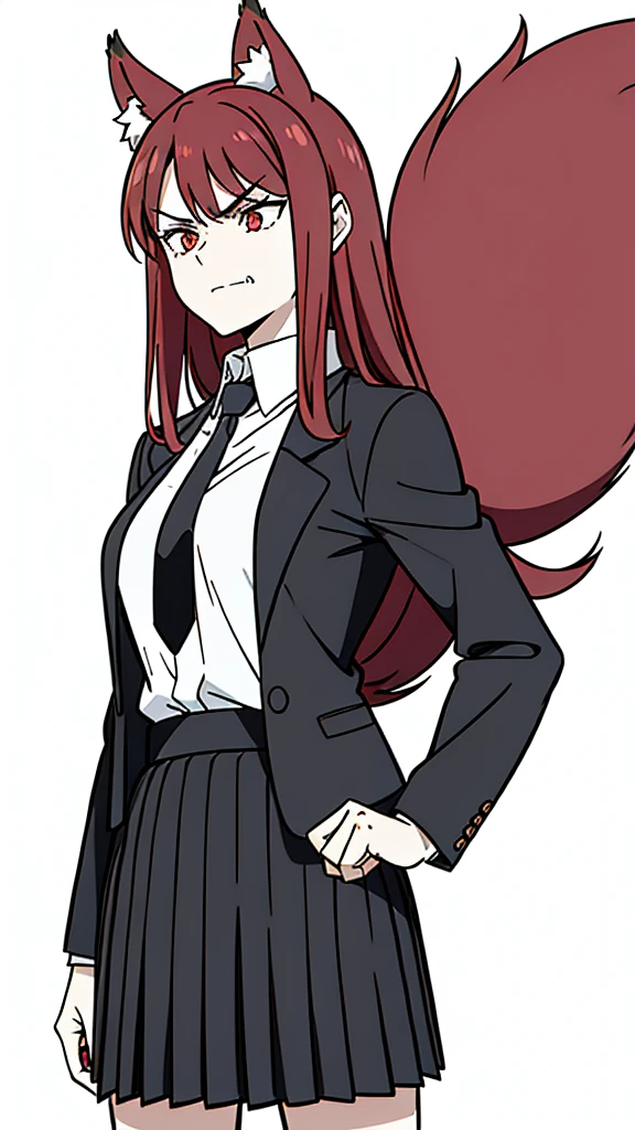 1girl ,20s,mature female,angry face,red hair,long hair,fox ears,(white background, line drawing),shirt,black standard tie,black jacket, blazer,long sleeves, pleated skirt,(upper body)