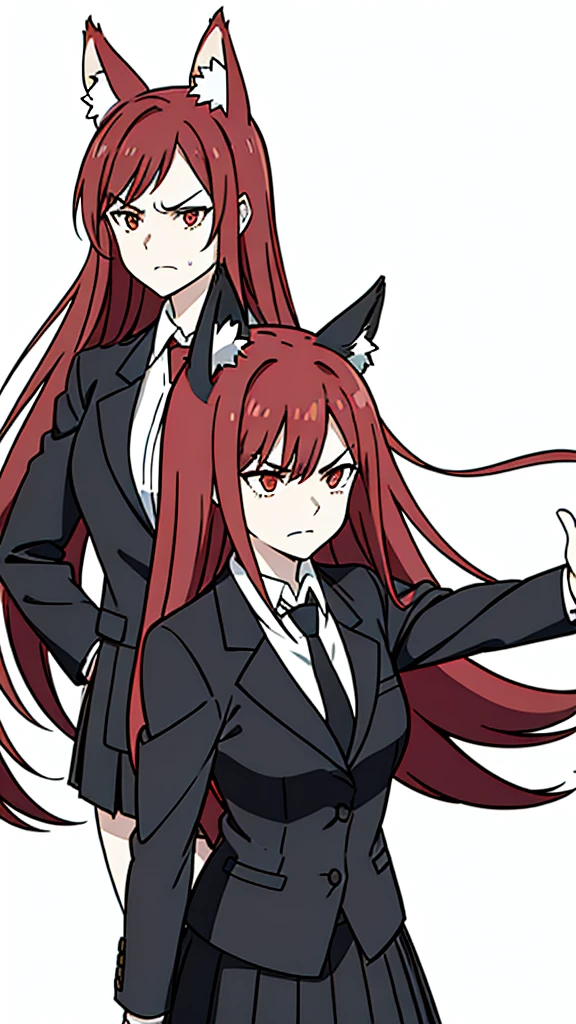 1girl ,20s,mature female,angry face,red hair,long hair,fox ears,(white background, line drawing),shirt,black standard tie,black jacket, blazer,long sleeves, pleated skirt,(upper body)