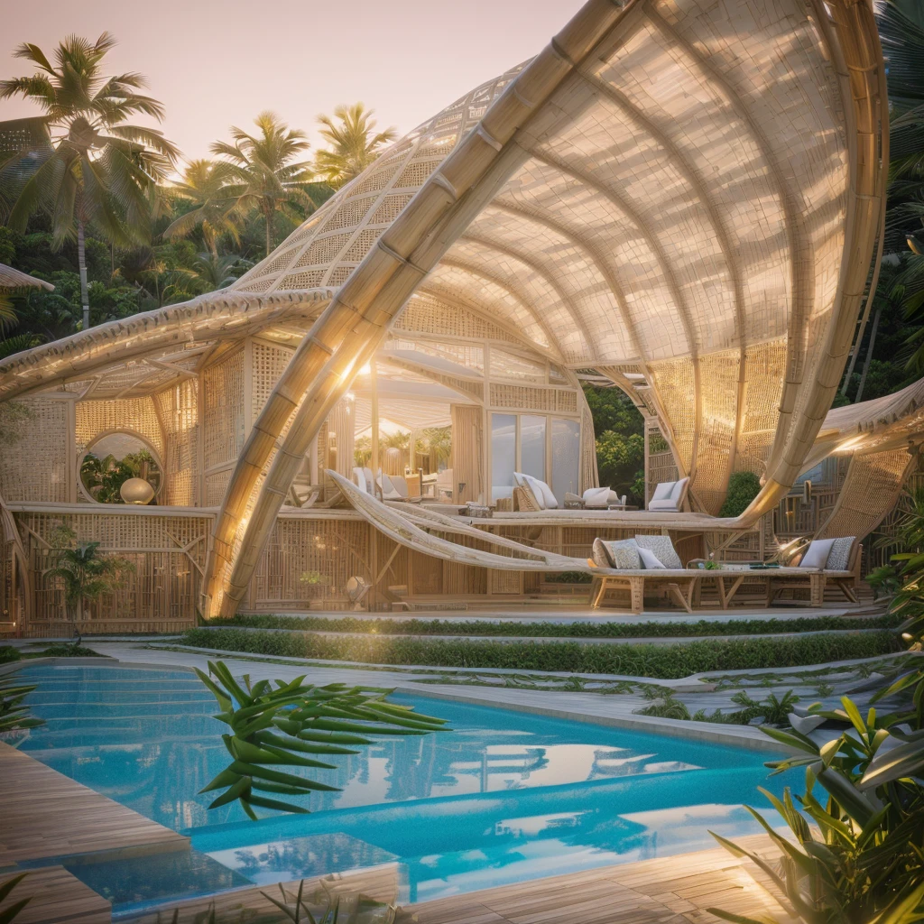 there is a large pool with a bamboo structure in the middle, sustainable architecture, architectural visualization, v-ray, v - ray, vincent callebaut, bali, bamboo huts, award-winning render, inspiring, in style of norman foster, architectural digest, archdaily, a digital rendering, v ray, rendered in corona, an award winning digital render, depth of field, motion blur, backlighting, vignetting, glowing light, cinematic lighting