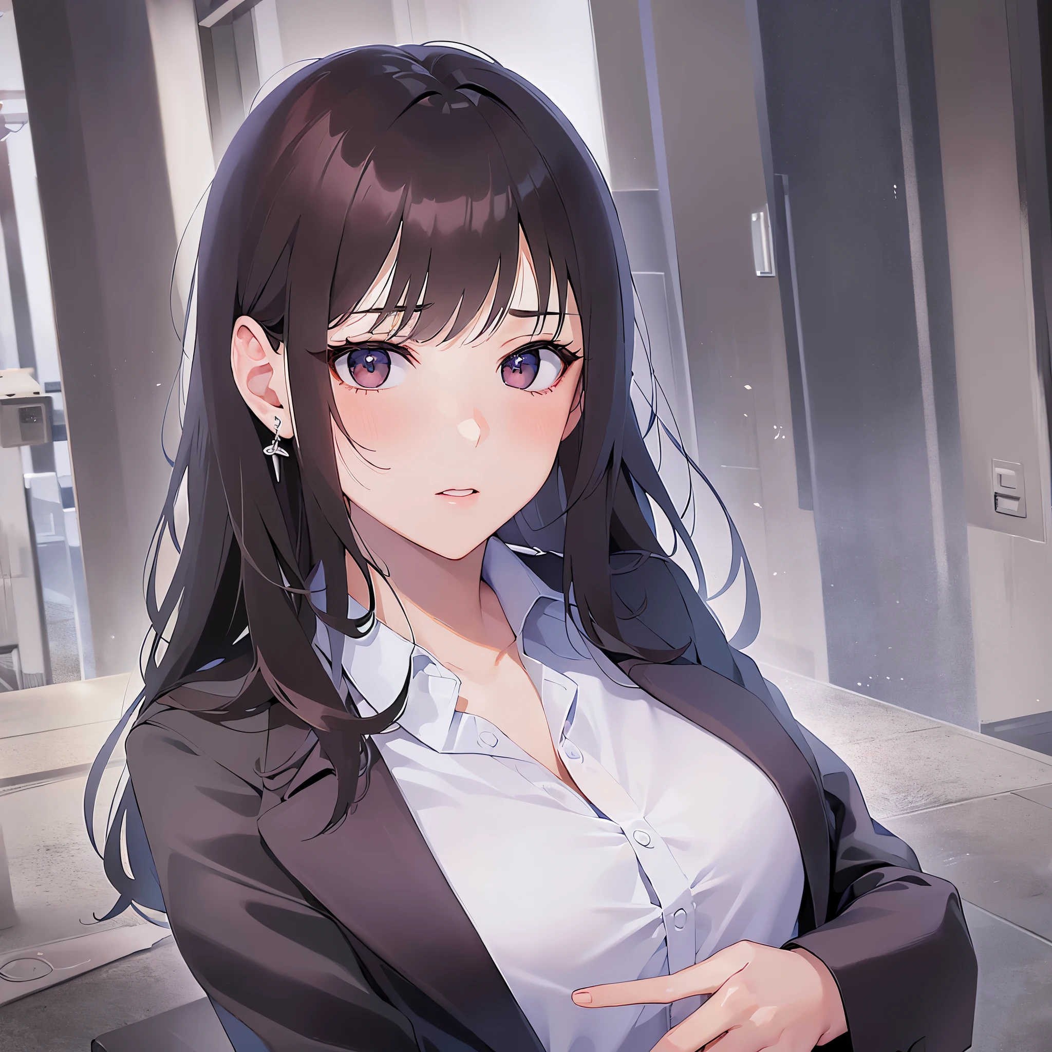 (Touching ear:1.5),upper body、 Biologically correct5Finger、Realistic, real person, (pale skin: 1.2), RAW photo, photorealistic, shiny skin, shiny hair、 (A 35-year-old woman with medium-length hair and bangs) and (wavy hair) and (brown hair) and (Orange Eyes) (Wearing a business suit:1.5) and (Wearing a white collared shirt)、(blush:1.5),The background is the office lobby.、Alone、Wearing a black jacket