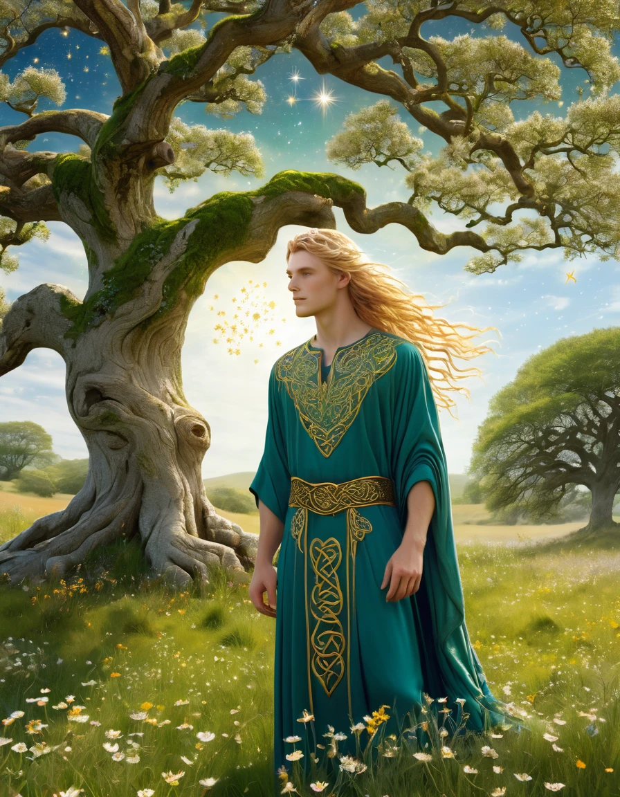 Perfect realistic highly detailed impainting 3D photography of Aengus, the Celtic God of love, youth, beauty and dreams, in a beautiful meadow. He is standing under an ancient oak tree, whose branches are adorned with bright, sparkling flowers. Her golden hair flows softly in the wind, and he wears a tunic embroidered with symbols of love and stars. 