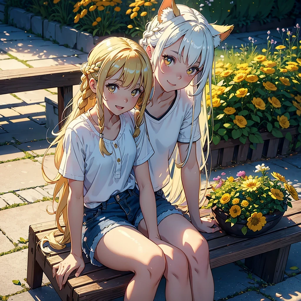 Girl with dog ears and tail, erect ears, honey yellow eyes, Highly detailed eyes, long hair and(( White)) with a small braid on the sides, denim shorts, translucent blouse, whole body, looking up, open mouth smile, big chest, beautiful body, detailed face y con amplia gama de gestos, sitting on a bench around a garden with flowers of various colors, detailed background, detailed face, Play of light and shadows, cinematographic, high quality, 8k, Masterpiece,