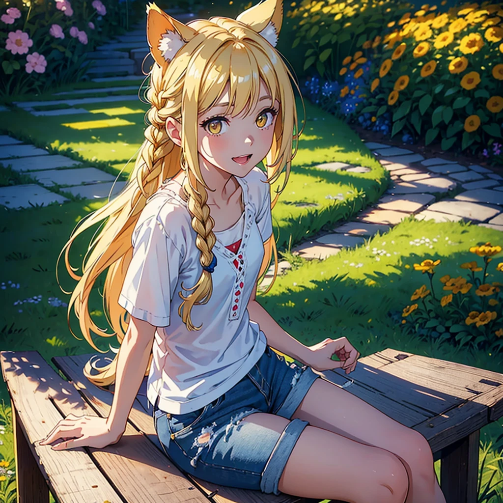 Girl with dog ears and tail, erect ears, honey yellow eyes, Highly detailed eyes, long hair and(( White)) with a small braid on the sides, denim shorts, translucent blouse, whole body, looking up, open mouth smile, big chest, beautiful body, detailed face y con amplia gama de gestos, sitting on a bench around a garden with flowers of various colors, detailed background, detailed face, Play of light and shadows, cinematographic, high quality, 8k, Masterpiece, 
