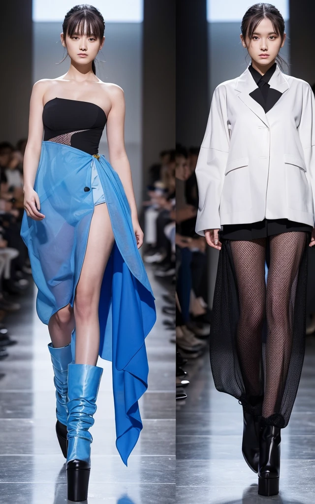 Adaptive Fashion: Clothes that change according to the environment。Fabric that changes its material in response to temperature and humidity。Design with color-changing and shape-memory functions。The background is the gorgeous runway of Paris Fashion Week。
